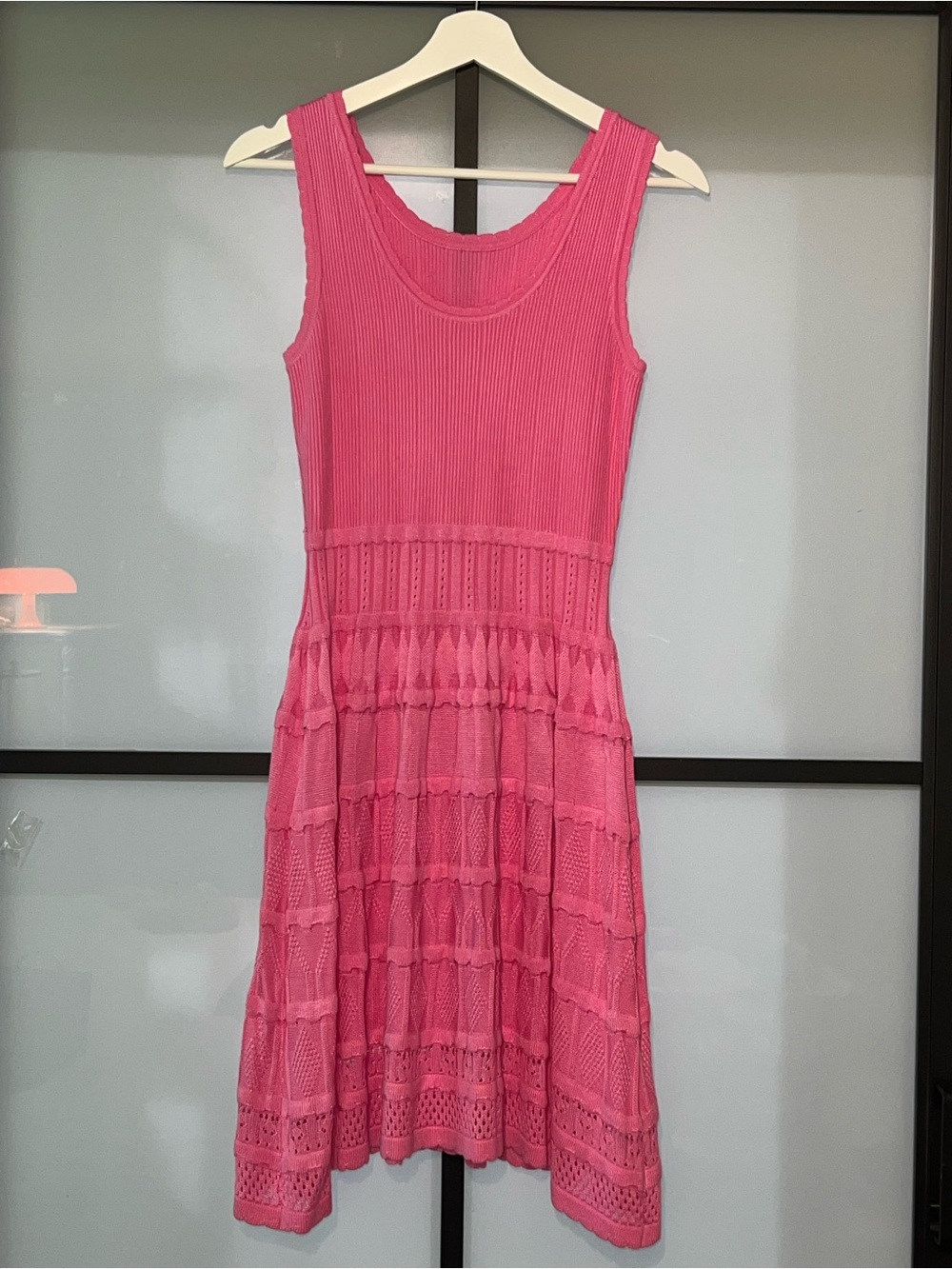 Pink Pointelle Knit Midi Dress S Romantic Coquette Crochet Openwork Fit & Flare